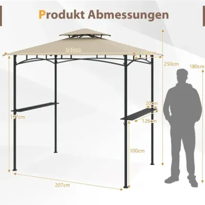 Grilový altánok s dvojitou strechou, 2 bočnými policami a 6 háčikmi Záhradný altánok / Grilový altánok 242 x 150 cm Béžový