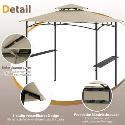 Grilový altánok s dvojitou strechou, 2 bočnými policami a 6 háčikmi Záhradný altánok / Grilový altánok 242 x 150 cm Béžový