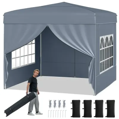 Pavilon 3 x 3 m – skladací pavilon typu „pop-up“ so 4 odnímateľnými bočnými stenami, párty stan s 3-stupňovým nastavením výšky, sivý
