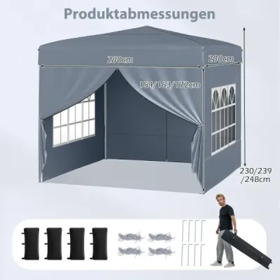 Pavilon 3 x 3 m – skladací pavilon typu „pop-up“ so 4 odnímateľnými bočnými stenami, párty stan s 3-stupňovým nastavením výšky, sivý