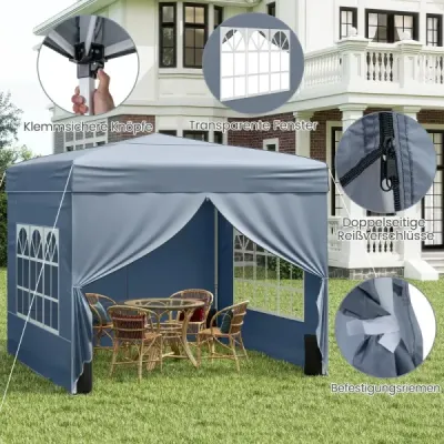 Pavilon 3 x 3 m – skladací pavilon typu „pop-up“ so 4 odnímateľnými bočnými stenami, párty stan s 3-stupňovým nastavením výšky, sivý