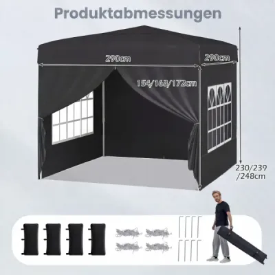 Pavilon 3 x 3 m – skladací pavilon typu „pop-up“ so 4 odnímateľnými bočnými stenami, s 3-stupňovým nastavením výšky, čierny