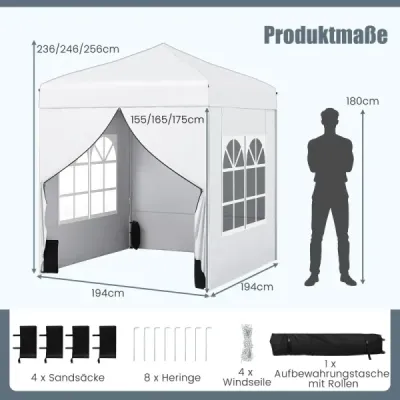 Skladací záhradný altánok 2 x 2 m s odnímateľnými bočnými stenami, biely