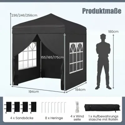 Skladací záhradný altánok 2 x 2 m s odnímateľnými bočnými stenami, čierny