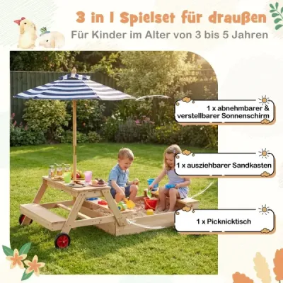Detský piknikový stôl s pieskoviskom a slnečníkom – drevený detský stôl s odnímateľnou doskou