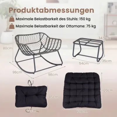 Hojdacie kreslo so stoličkou Hojdacie kreslo z PE ratanu a kovového rámu Ergonomické relaxačné kreslo Čierne