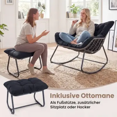 Hojdacie kreslo so stoličkou Hojdacie kreslo z PE ratanu a kovového rámu Ergonomické relaxačné kreslo Čierne
