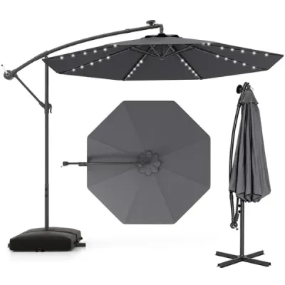 Slnečník s priemerom 350 cm, 40 solárnymi LED svetlami, vrecami s pieskom, kľukou a UV ochranou, sivý