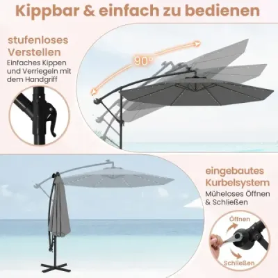 Slnečník s priemerom 350 cm, 40 solárnymi LED svetlami, vrecami s pieskom, kľukou a UV ochranou, sivý