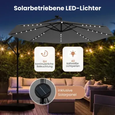 Slnečník s priemerom 350 cm, 40 solárnymi LED svetlami, vrecami s pieskom, kľukou a UV ochranou, sivý