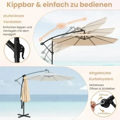 Slnečník s priemerom 350 cm, 40 solárnymi LED svetlami, vrecami s pieskom, kľukou a UV ochranou, béžový