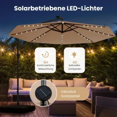 Slnečník s priemerom 350 cm, 40 solárnymi LED svetlami, vrecami s pieskom, kľukou a UV ochranou, béžový