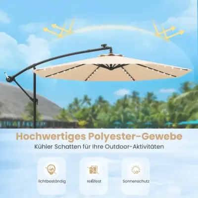 Slnečník s priemerom 350 cm, 40 solárnymi LED svetlami, vrecami s pieskom, kľukou a UV ochranou, béžový