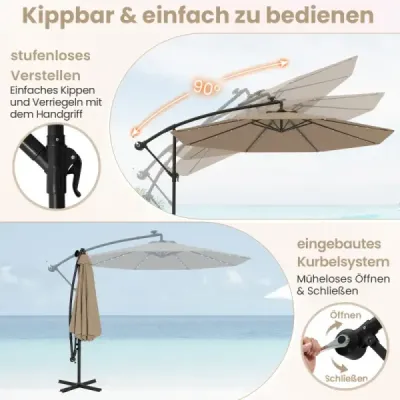 Slnečník s priemerom 350 cm, 40 solárnymi LED svetlami, vrecami s pieskom, kľukou a UV ochranou, hnedý