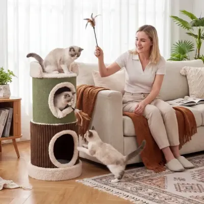 Škrabadlo s 3 úrovňami, priemer 41 cm, výška 85 cm, s 2 úkrytmi, ležadlom a okrúhlym podstavcom
