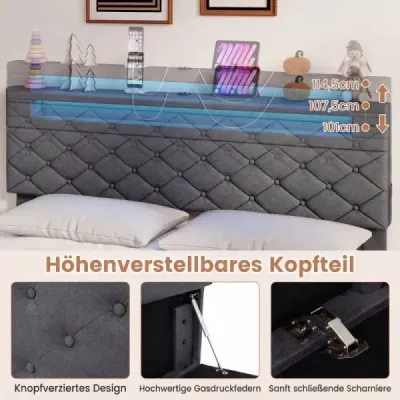 Rám manželskej postele s LED osvetlením a USB portami. Moderná posteľ s platformou 140 x 200 cm, sivá.