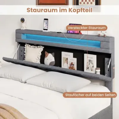Rám manželskej postele s LED osvetlením a USB portami. Moderná posteľ s platformou 140 x 200 cm, sivá.
