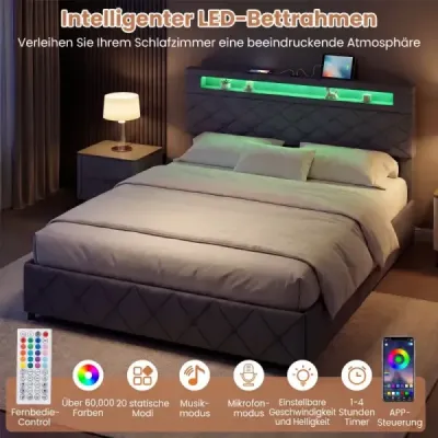 Čalúnená posteľ 160 x 200 cm s LED osvetlením, nabíjacou stanicou (2 USB porty), rámom manželskej postele so zásuvkami, sivá