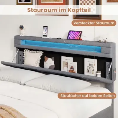 Čalúnená posteľ 160 x 200 cm s LED osvetlením, nabíjacou stanicou (2 USB porty), rámom manželskej postele so zásuvkami, sivá