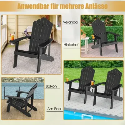 Sada 2 ks záhradných stoličiek Adirondack s držiakom na nápoje, čierna