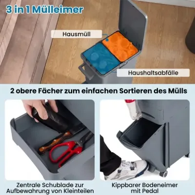 Multifunkčný odpadkový kôš na kuchynský odpad s vyklápacím vnútorným košom, sivý