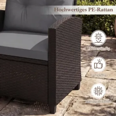 3-dielna sada záhradného nábytku z ratanu na balkón, obsahujúca 2 stoličky a odkladací stolík so sklenenou doskou, sivá