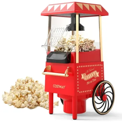 Retro stroj na popcorn 1200 W, stroj na popcorn s horúcim vzduchom s odmerkou 67 ml, bez oleja, červený