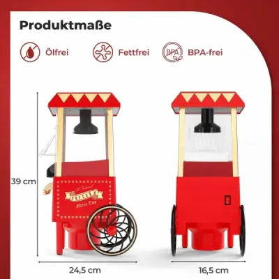 Retro stroj na popcorn 1200 W, stroj na popcorn s horúcim vzduchom s odmerkou 67 ml, bez oleja, červený