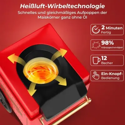 Retro stroj na popcorn 1200 W, stroj na popcorn s horúcim vzduchom s odmerkou 67 ml, bez oleja, červený