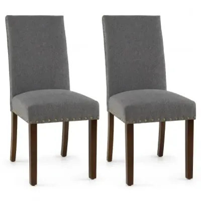 Sada 2 jedálenských stoličiek s látkovým čalúnením, ozdobnými klincami, vysokým operadlom a drevenými nohami, nosnosť do 155 kg, šedá