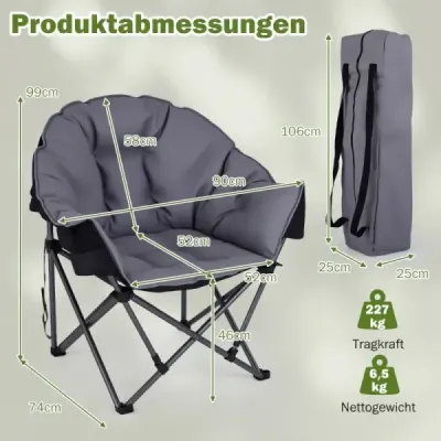 Skladacie kempingové kreslo s nosnosťou až 227 kg, čalúnené, s podrúčkami, držiakom na nápoje a taškou na prenášanie, šedé