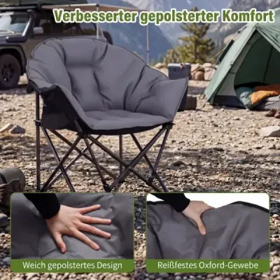 Skladacie kempingové kreslo s nosnosťou až 227 kg, čalúnené, s podrúčkami, držiakom na nápoje a taškou na prenášanie, šedé