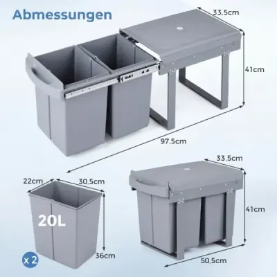Kuchynský odpadkový kôš s 2 priehradkami, výsuvný kuchynský odpadkový kôš s ABS vekom, systém na separovanie odpadu, sivý