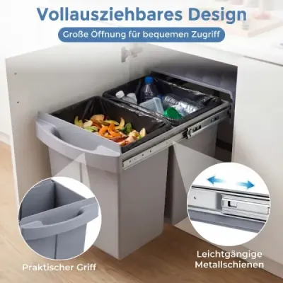 Kuchynský odpadkový kôš s 2 priehradkami, výsuvný kuchynský odpadkový kôš s ABS vekom, systém na separovanie odpadu, sivý