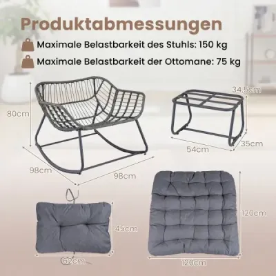 Hojdacie kreslo so stoličkou Hojdacie kreslo z PE ratanu a kovového rámu Ergonomické relaxačné kreslo Šedé