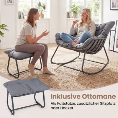 Hojdacie kreslo so stoličkou Hojdacie kreslo z PE ratanu a kovového rámu Ergonomické relaxačné kreslo Šedé