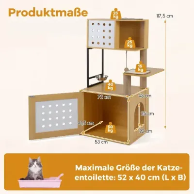Škrabadlo s toaletou pre mačky 117,5 cm Viacposchodové škrabadlo pre mačky Škrabadlo pre mačky v prírodnom vyhotovení