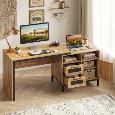 Drevený počítačový stôl s 2 otvorenými priehradkami, 2 zásuvkami a jednodverovou skriňou, rozmery 181 x 60 x 76 cm