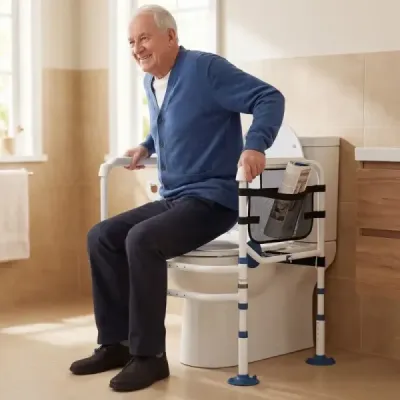 Sklopná postelová zábrana pre seniorov + výškovo nastaviteľná pomôcka na vstávanie z toalety – sada s nastaviteľnou šírkou
