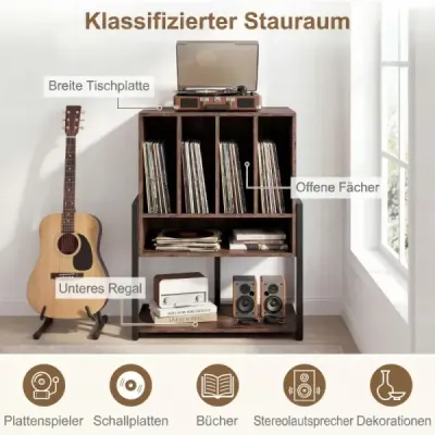 Stojan na gramofóny so širokou doskou a 4 prepážkami, stolík na vinylové platne, hnedý