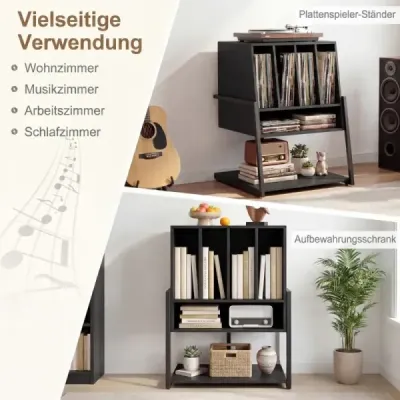 Stojan na gramofóny so širokou doskou a 4 prepážkami, stolík na vinylové platne, čierny