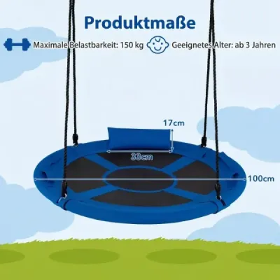 Detská hojdačka Hniezdo s vankúšom a rukoväťami, Ø100 cm, s lanom s nastaviteľnou výškou 100 – 180 cm, modrá