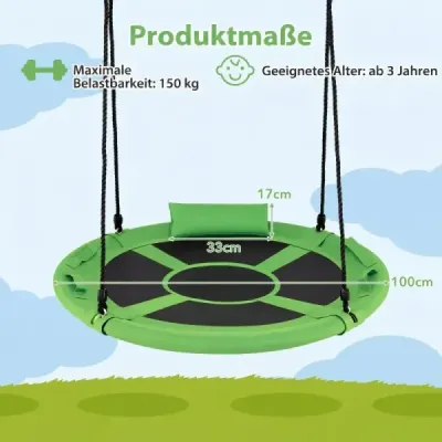 Hojdačka typu „hniezdo“ s priemerom 100 cm, s vankúšmi a držadlami, detská hojdačka s lanom, výškovo nastaviteľná v rozmedzí 100–180 cm, zelená