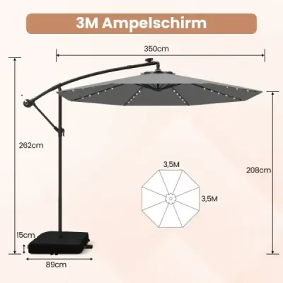 Slnečník s priemerom 350 cm, 40 solárnymi LED svetlami, vrecami s pieskom, kľukou a UV ochranou, sivý