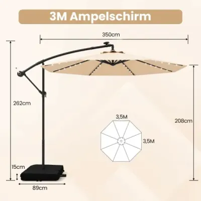 Slnečník s priemerom 350 cm, 40 solárnymi LED svetlami, vrecami s pieskom, kľukou a UV ochranou, béžový