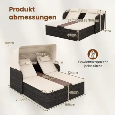 Ratanové ležadlo pre 2 osoby Sonneninsel Outdoor so skladacou slnečnou strieškou, béžové