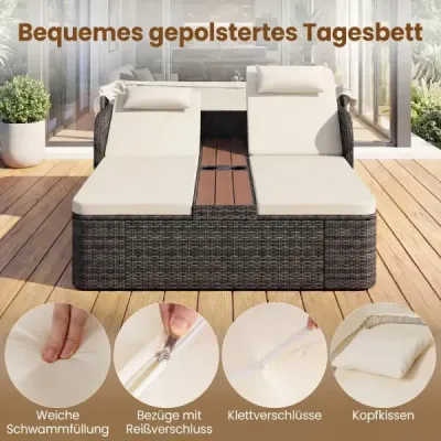 Ratanové ležadlo pre 2 osoby Sonneninsel Outdoor so skladacou slnečnou strieškou, béžové