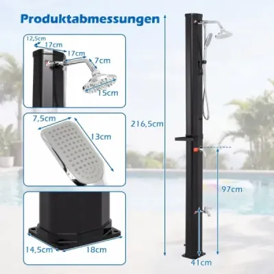 Podlahový prvok pre solárnu sprchu WPC + 35 l solárna sprcha s ručnou sprchou vrátane krytu – sada