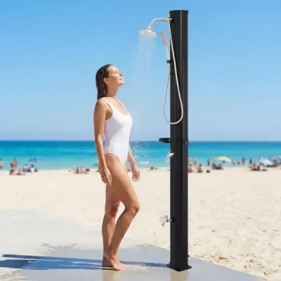 Podlahový prvok pre solárnu sprchu WPC + 35 l solárna sprcha s ručnou sprchou vrátane krytu – sada