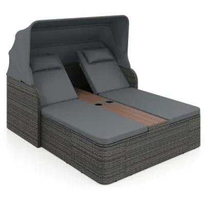 Ratanové ležadlo pre 2 osoby Sonneninsel Outdoor so skladacou slnečnou strieškou, šedé